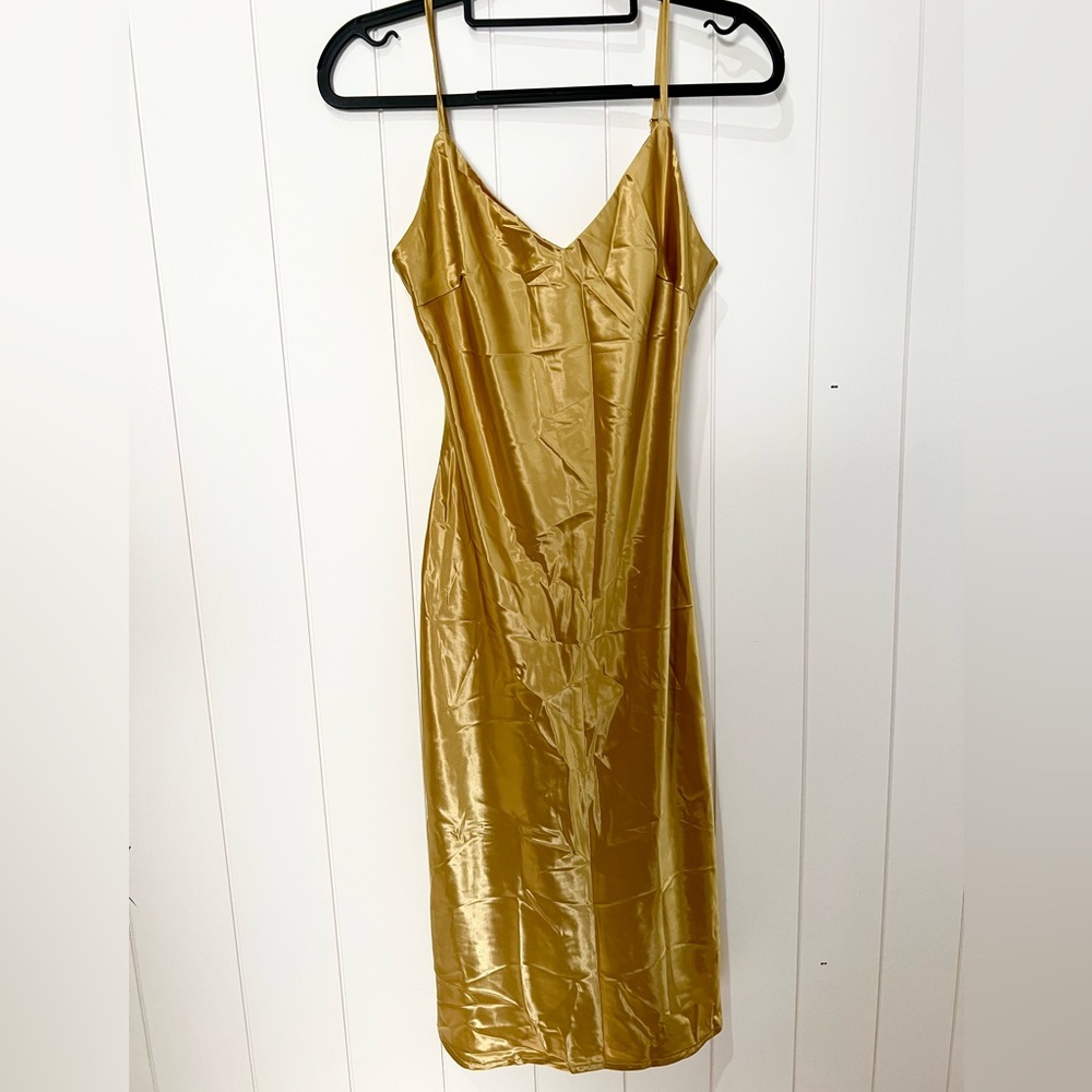 Fanco NWT slip dress gown midi adjustable straps side slits size S GOLD